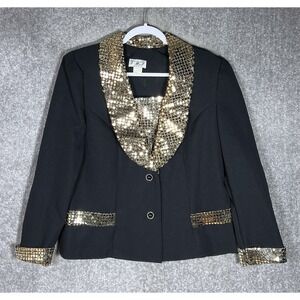 Vintage Torino ‎ Fashions Blazer Womens Size 14 Black Gold Foil Cuffed Sleeves